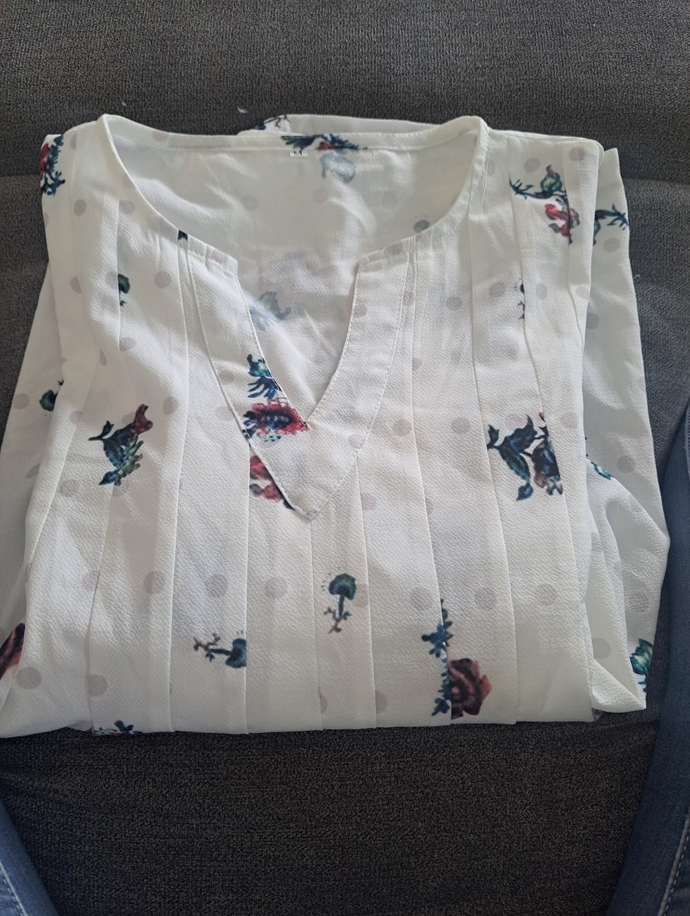 Women’s Floral V-Neck Pleated Shirt - White with Multi-Color Floral Print